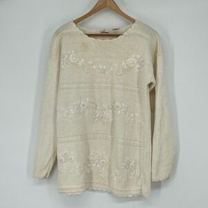 Vintage Cream Floral Beaded Embroidered Long Sleeve Sweater Sz L Cottage Grandma